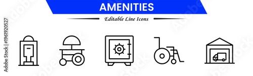 Amenities icons depicting facilities, services, comfort, convenience, hospitality, utilities, features, accommodation, leisure, accessibility, essentials, infrastructure, support, and modern living.