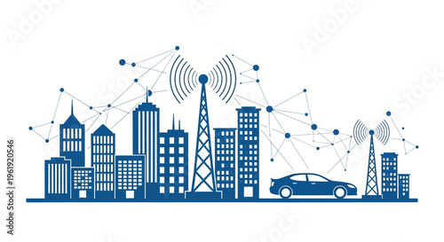 Smart city network illustration with buildings towers and connected devices