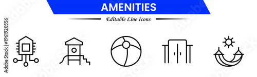 Amenities icons depicting facilities, services, comfort, convenience, hospitality, utilities, features, accommodation, leisure, accessibility, essentials, infrastructure, support, and modern living.