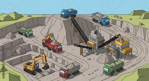 Open-Pit Mining Operation with Heavy Machinery and Conveyor Belts.