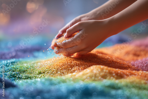 Hands playing with colorful kinetic sand for creativity and sensory therapy concept