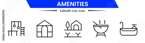 Amenities icons depicting facilities, services, comfort, convenience, hospitality, utilities, features, accommodation, leisure, accessibility, essentials, infrastructure, support, and modern living.