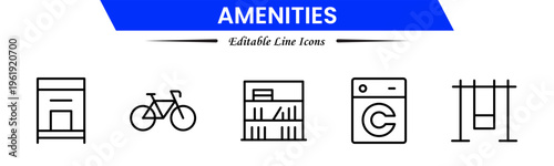 Amenities icons depicting facilities, services, comfort, convenience, hospitality, utilities, features, accommodation, leisure, accessibility, essentials, infrastructure, support, and modern living.