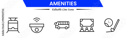 Amenities icons depicting facilities, services, comfort, convenience, hospitality, utilities, features, accommodation, leisure, accessibility, essentials, infrastructure, support, and modern living.