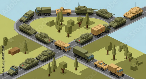 Isometric Military Convoy on Road Network Illustration.