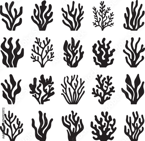 Collection of various coral reef silhouettes on white background