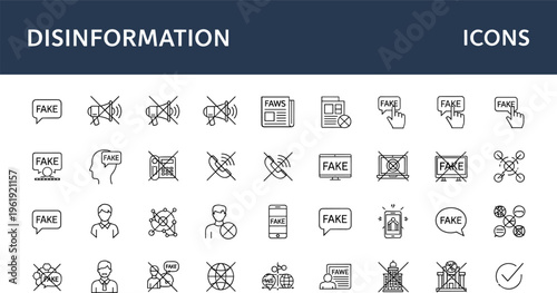Disinformation and fake news line icon set with misinformation warning media verification fact checking outline vector collection for digital awareness campaigns