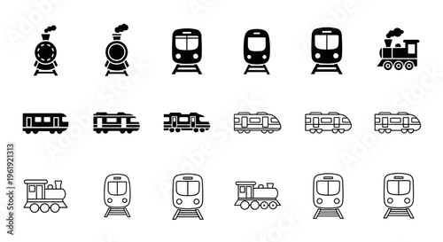 Collection of Train Icons: Vintage Steam Locomotives, Modern High-Speed Trains, and Subway Cars