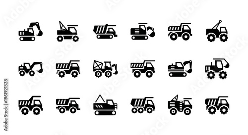 Construction Vehicle Icons Set: Excavator, Dump Truck, Crane, Loader - Black and White