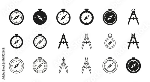 Collection of Compass and Divider Icons: Navigation, Measurement, and Design Symbols