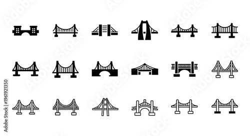 Collection of Bridge Icons: Diverse Architectural Styles and Engineering Marvels