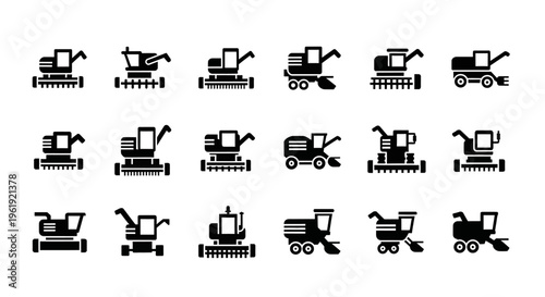 Set of Combine Harvester Icons: Agricultural Machinery, Farming Equipment, Harvest Symbols