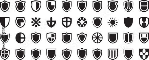 Shield icons, security symbols, protection logos, black and white emblems, 40 shield graphics