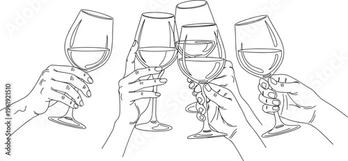 Wine glasses toast illustration, celebratory gathering artwork, social event design, festive party drawing, decorative vector art, flat vector illustration