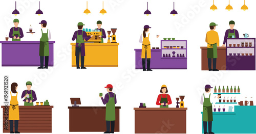 Barista and coffee shop workers set with people preparing drinks, serving customers and cafe workplace scenes flat vector illustration collection