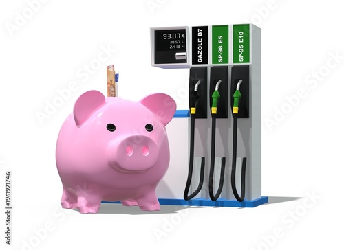 Tirelire cochon rose devant une pompe à essence, concept d'économie de carburant et d'inflation des prix de l'énergie - rendu 3D