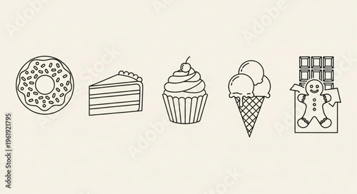 Sweet Treats Line Art - Donut, Cake, Cupcake, Ice Cream, Chocolate.