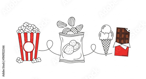 Popcorn, Chips, Ice Cream, and Chocolate Bar - A Sweet and Salty Snack Collection.