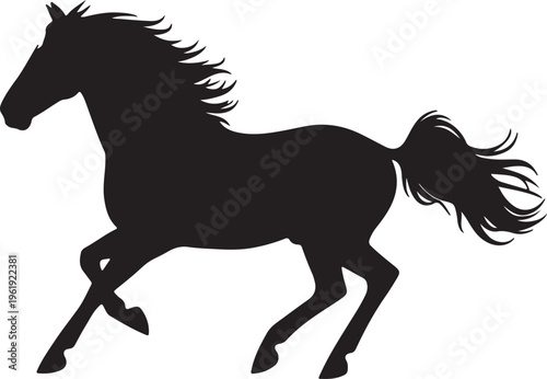 A black silhouette of a horse running with flowing mane and tail