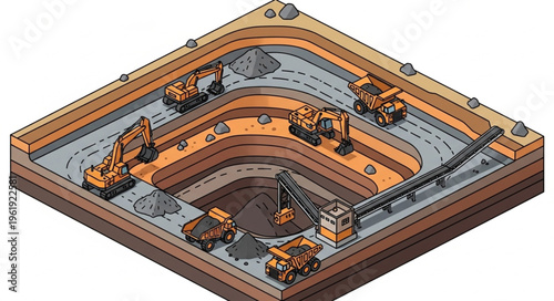 Isometric Illustration of an Open-Pit Mine with Heavy Equipment.