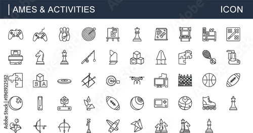 Games and activities line icon set with sports hobbies chess bowling puzzle arcade recreation outline vector collection for leisure entertainment