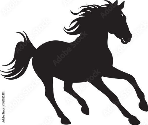 A black silhouette of a horse in motion with flowing mane and tail