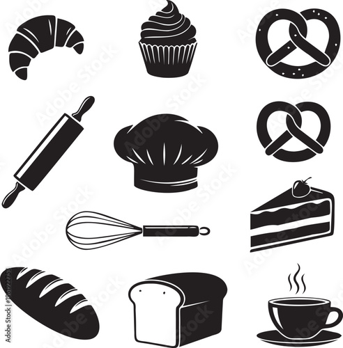Bakery and pastry icons set featuring bread croissant cupcake rolling pin whisk and chef hat for sweet shop branding and desserts.