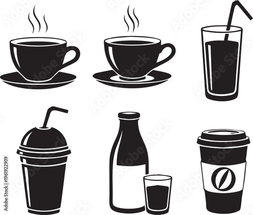Collection of six black silhouette icons featuring various hot and cold beverages in different types of cups and bottles.