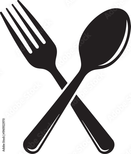 Crossed fork and spoon icons simple black silhouette on transparent background culinary concept for restaurants and cafes design elements.