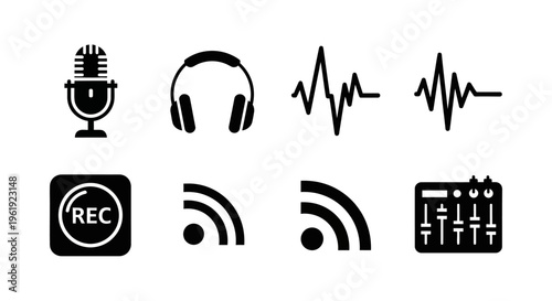 Podcast Recording Icons: Microphone, Headphones, Sound Waves, Mixer, REC Button, Wi-Fi Signal
