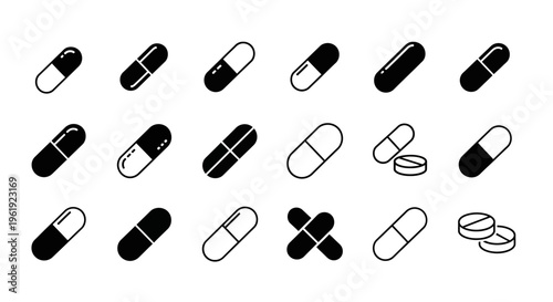 Collection of Pill and Capsule Icons: Medical, Health, and Pharmacy Symbols