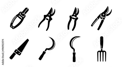 Garden Tools Icons Set: Pruning Shears, Saw, Sickle, Fork - Black and White Vector Illustration