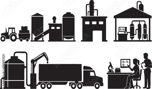 Biofuel Production Process Vector Silhouette Icon Set with Laboratory Analysis and Truck Loading