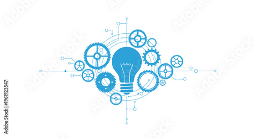 A blue lightbulb surrounded by interconnected gears and circuit elements