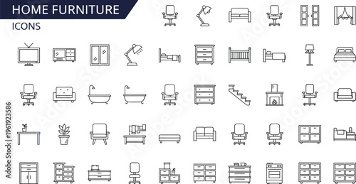 Home furniture line icon set with sofa chair bed wardrobe cabinet table lamp interior household outline vector collection for apartment design