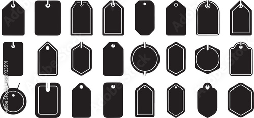 Black tag icons, label shapes, price tags, vector set