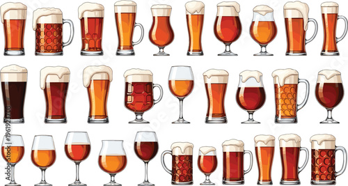 Beer glasses and mugs collection with different styles of craft drinks, foamy alcoholic beverages set for bar menu, brewery design and vector illustration