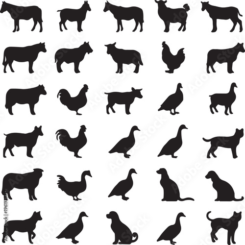 Collection of black silhouettes of various farm animals and pets in profile