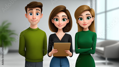 Three business colleagues standing together in modern office smiling team members discussing project teamwork and professional collaboration concept