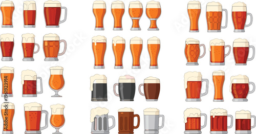 Beer glasses collection with different styles of mugs, pints and craft drinks, foamy alcoholic beverage set for bar menu, brewery design and vector illustration