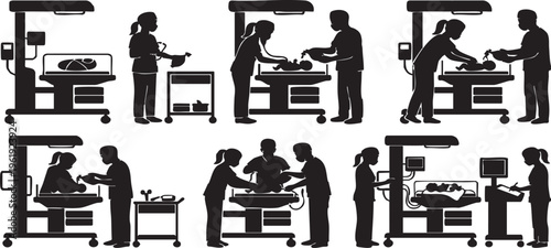 Neonatal Resuscitation Team at Infant Warmer Vector Silhouette Set