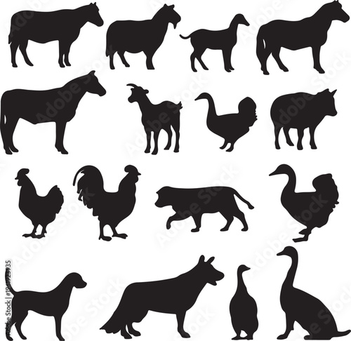 Collection of black silhouettes of various farm and domestic animals