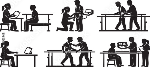 Physical Therapy Gait Training with Parallel Bars Vector Silhouette Set; Rehabilitation Process from Assessment to Progress Review Icons