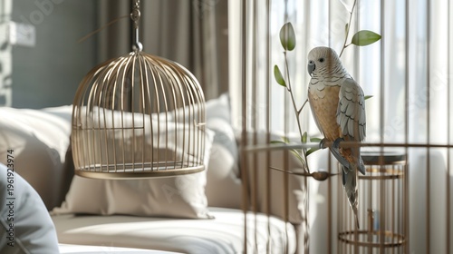 Colorful scarlet macaw parrot sitting on a metal birdcage inside a bright home interior