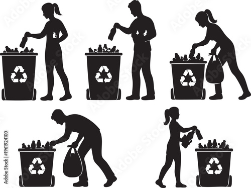 Recycling Plastic Bottles into Bin Vector Silhouettes Set, Waste Sorting People, Eco Friendly Recycling and Environmental Protection