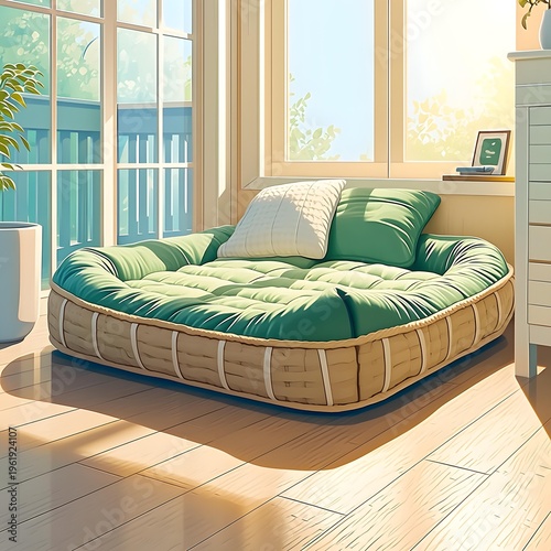 Close-up of a luxury pet bed made of sustainable materials in a bright, airy bedroom.