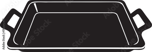 Empty rectangular serving tray with handles in black silhouette on transparent background kitchenware vector illustration.