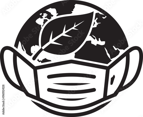 Ecological planet earth with face mask and green leaf symbol for global health and environmental protection during pandemic or air pollution alert
