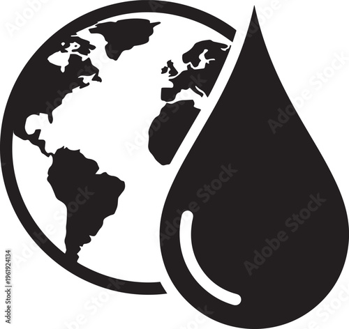 Water conservation concept with large liquid droplet merging with world map globe silhouette representing clean water access and global resources care