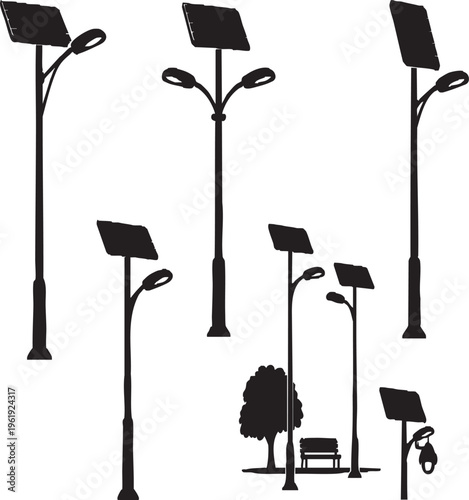 Foto Solar Powered Street Light Vector Silhouettes, Renewable Energy Lamp Set, Eco Fr